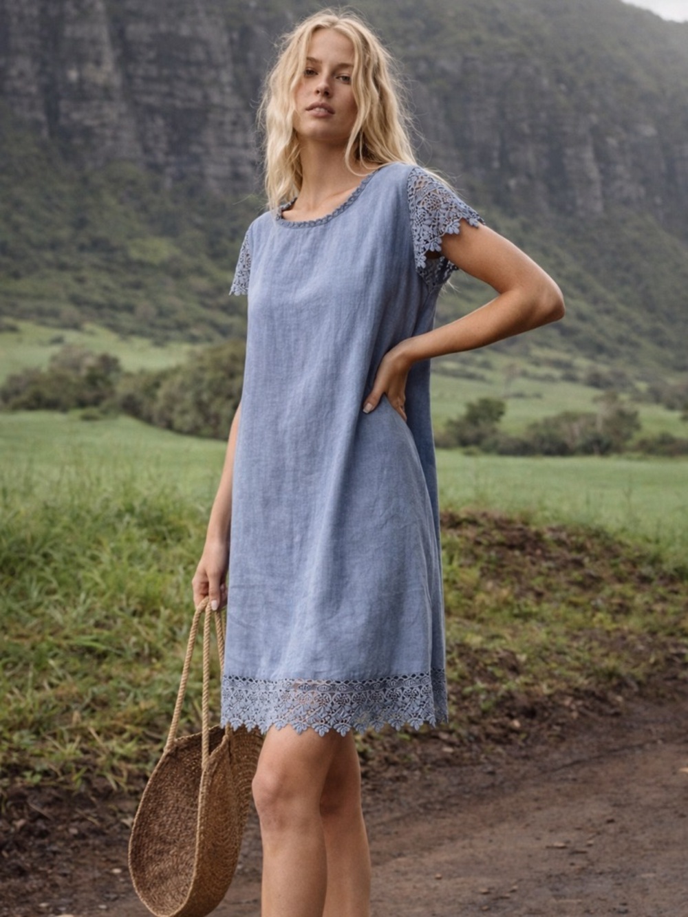 COSMO Made in Italy Linen Dress M/L‎ Blue Lace Crochet Trim Minimalist
